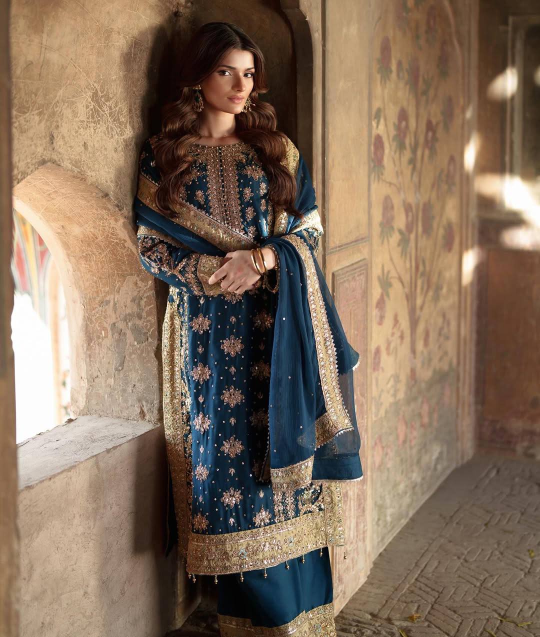Blue Suit Set With Heavy Embroidery Sequence Work with Rivet Moti Work