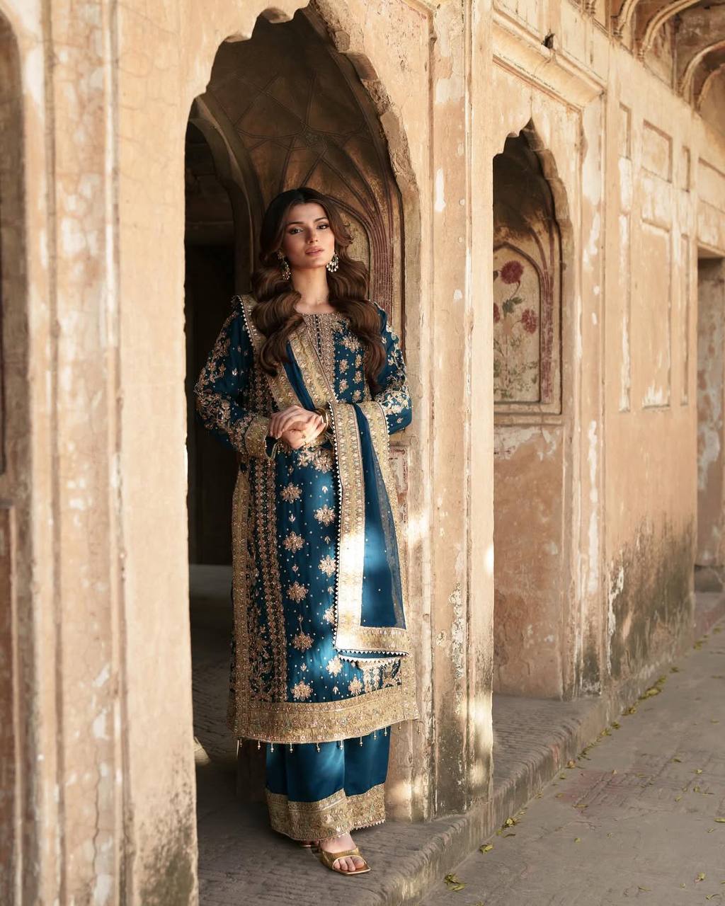 Blue Suit Set With Heavy Embroidery Sequence Work with Rivet Moti Work