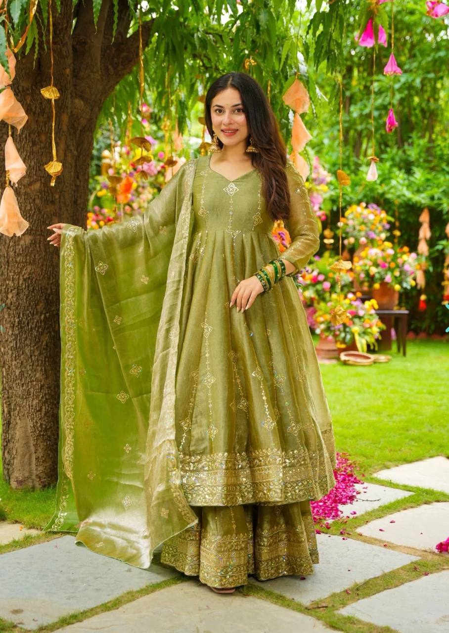 Mehendi Green Elegant Heavy Embroidered Sequence Work Anarkali & Palazzo Set