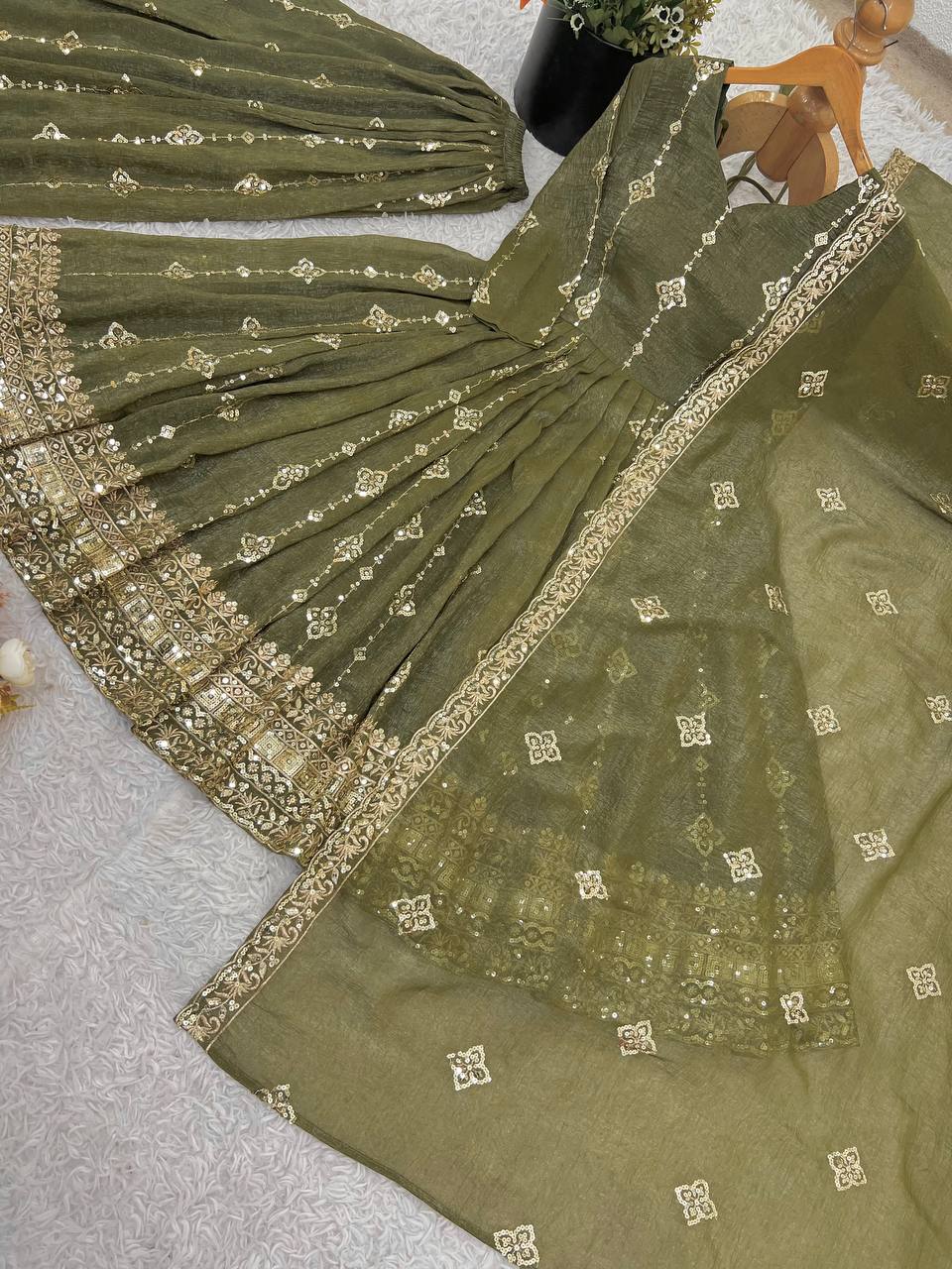 Mehendi Green Elegant Heavy Embroidered Sequence Work Anarkali & Palazzo Set