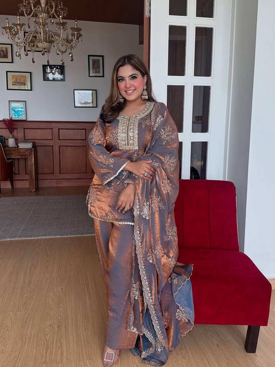 Elegant Silk Embroidered Sequence Work Beautiful Designer Set - Kurti and palazzo