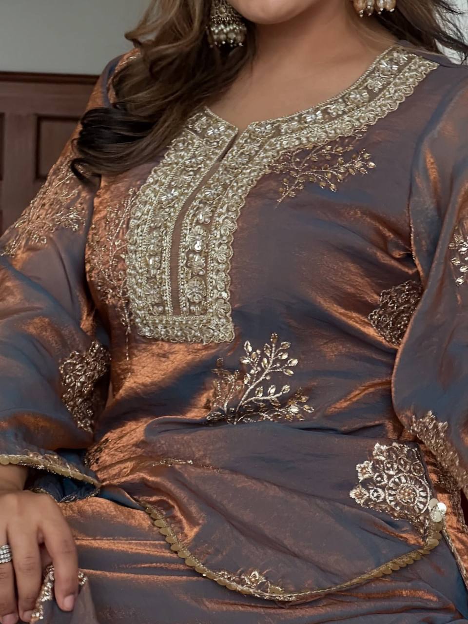 Elegant Silk Embroidered Sequence Work Beautiful Designer Set - Kurti and palazzo