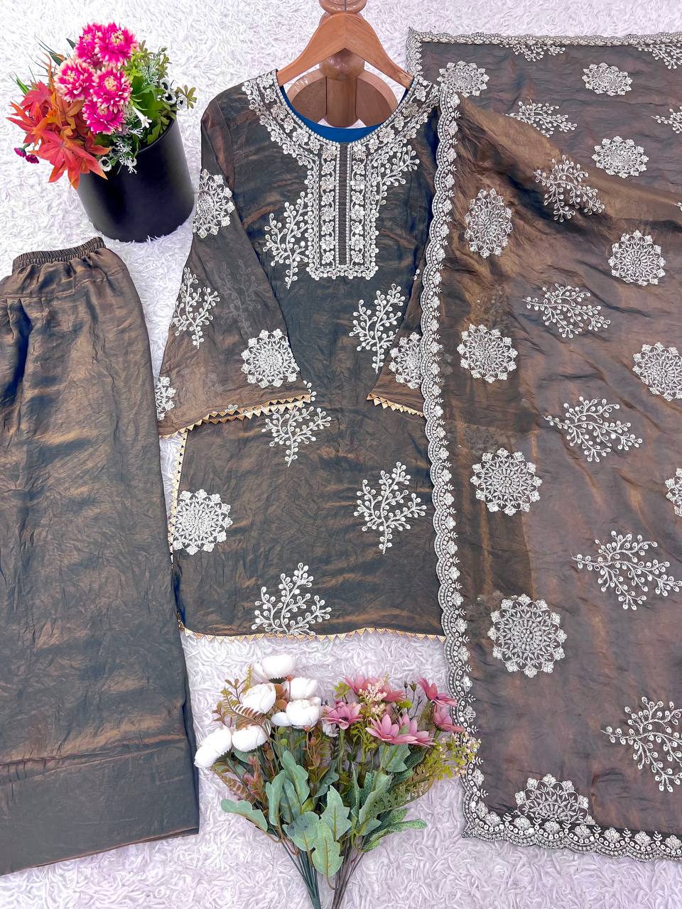 Elegant Silk Embroidered Sequence Work Beautiful Designer Set - Kurti and palazzo