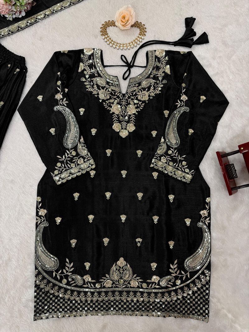 Black chinon silk thread with Sequence top & palazzo and dupatta