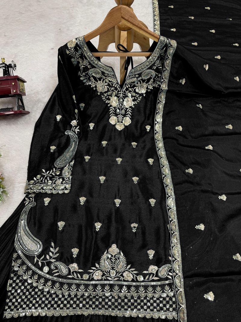 Black chinon silk thread with Sequence top & palazzo and dupatta