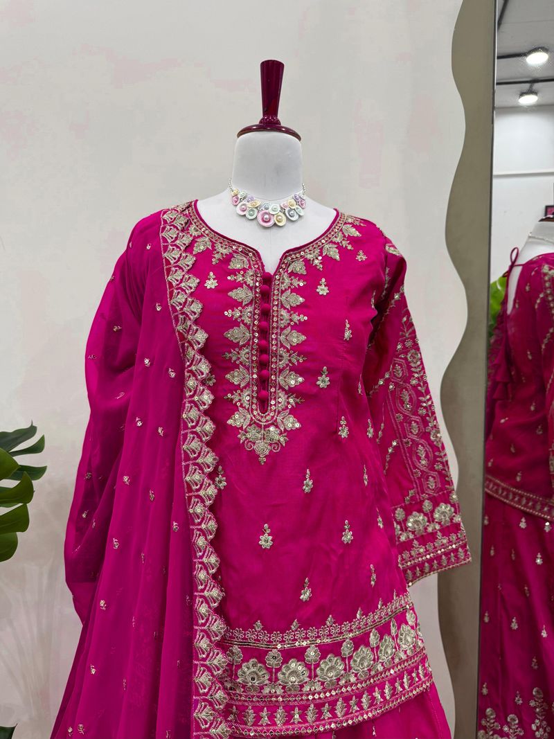 Rani silk thread with sequence embroidery work top lehenga with dupatta