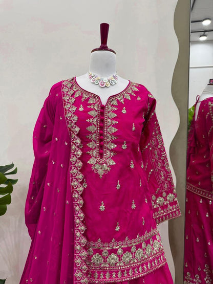 Rani silk thread with sequence embroidery work top lehenga with dupatta