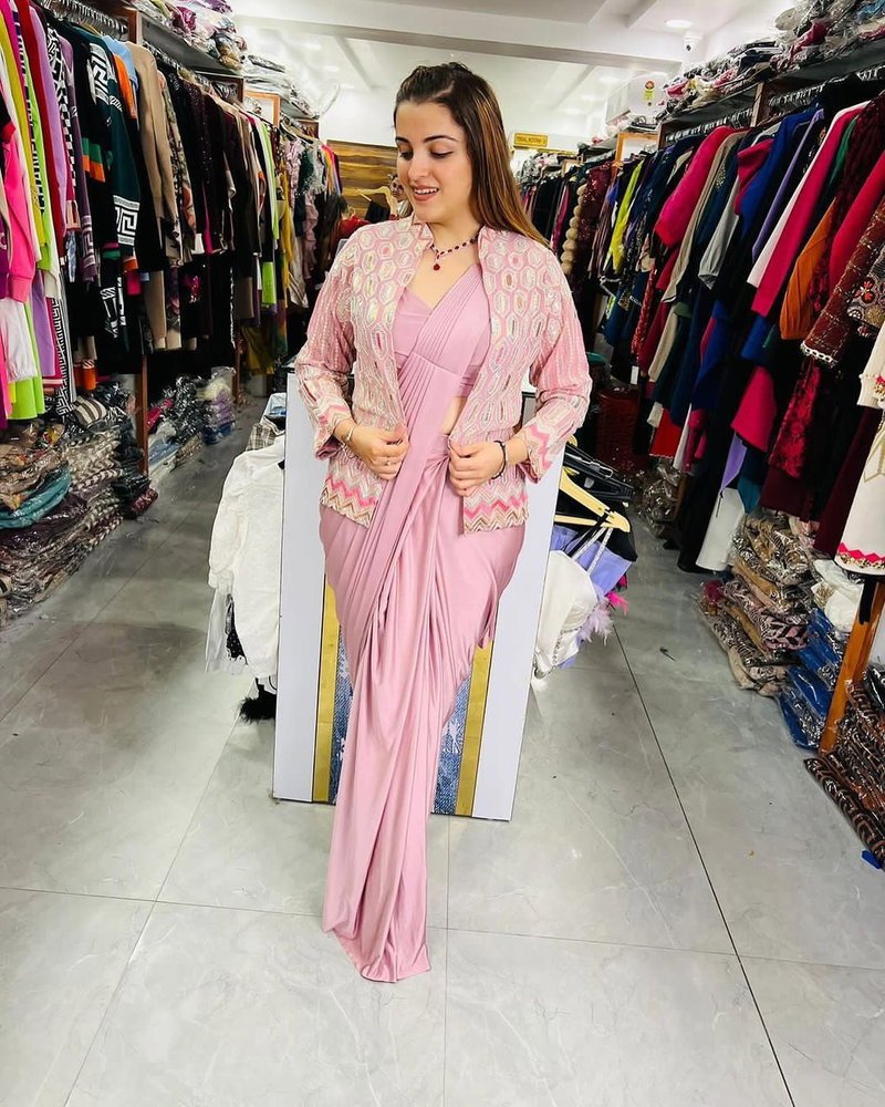 Beautiful Light Pink Pre-Stitched Draped one Minute Saree with Blouse & Jacket