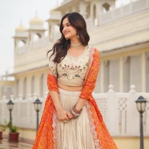 Heavy Thread Work Silk Lehenga Choli with Pure Bandhej Georgette Dupatta