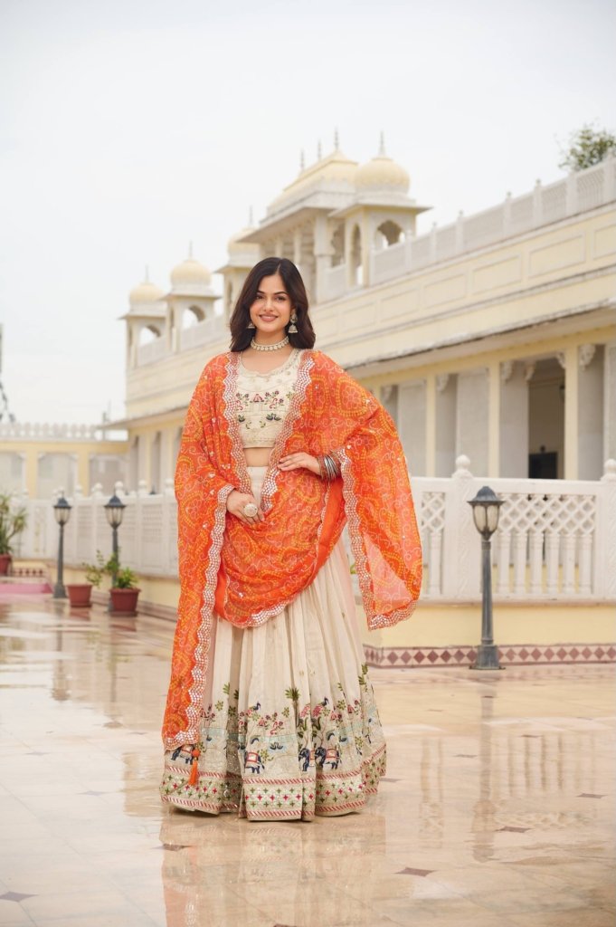 Heavy Thread Work Silk Lehenga Choli with Pure Bandhej Georgette Dupatta