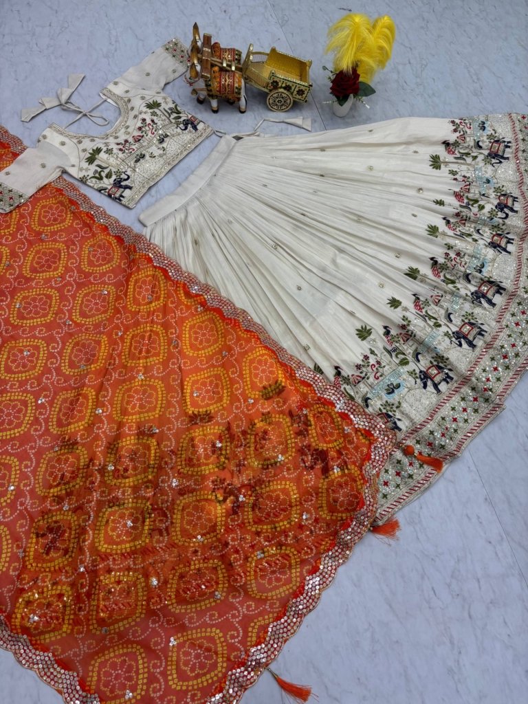 Heavy Thread Work Silk Lehenga Choli with Pure Bandhej Georgette Dupatta