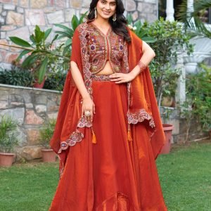 Rust Orange Silk Thread Work Lehenga Set