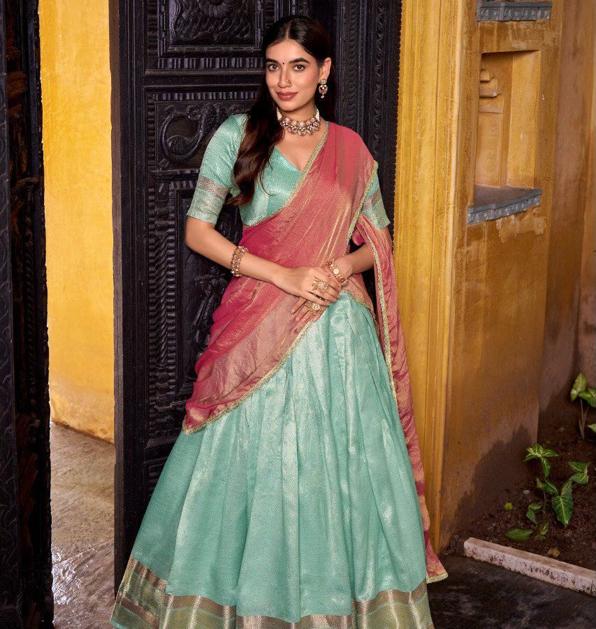 Powder Blue Zari Weaving Work Silk Lehenga Choli