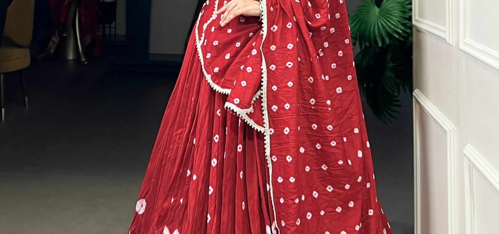 Deep Red Pure Chanderi Bandhej Print Lehenga Choli