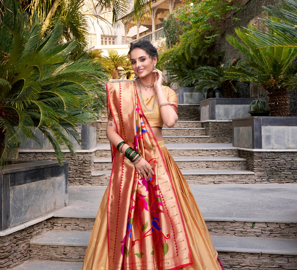 Golden Jequard Silk Paithani Lehenga Choli With Dupatta