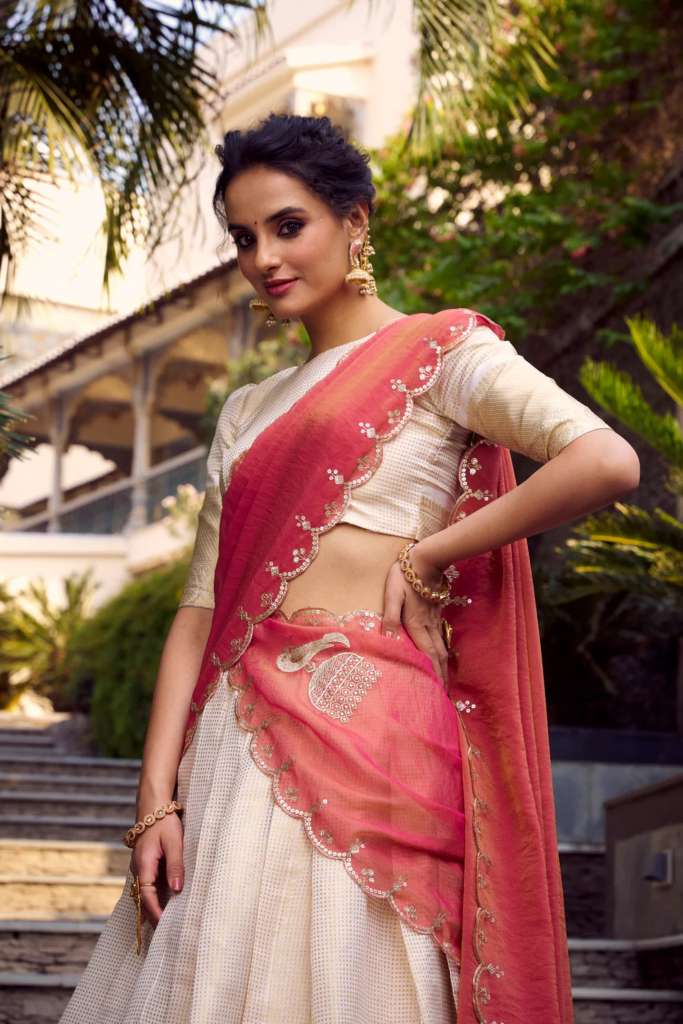 Jequard Checkered Zari Weaving Work Lehenga Choli With Dupatta