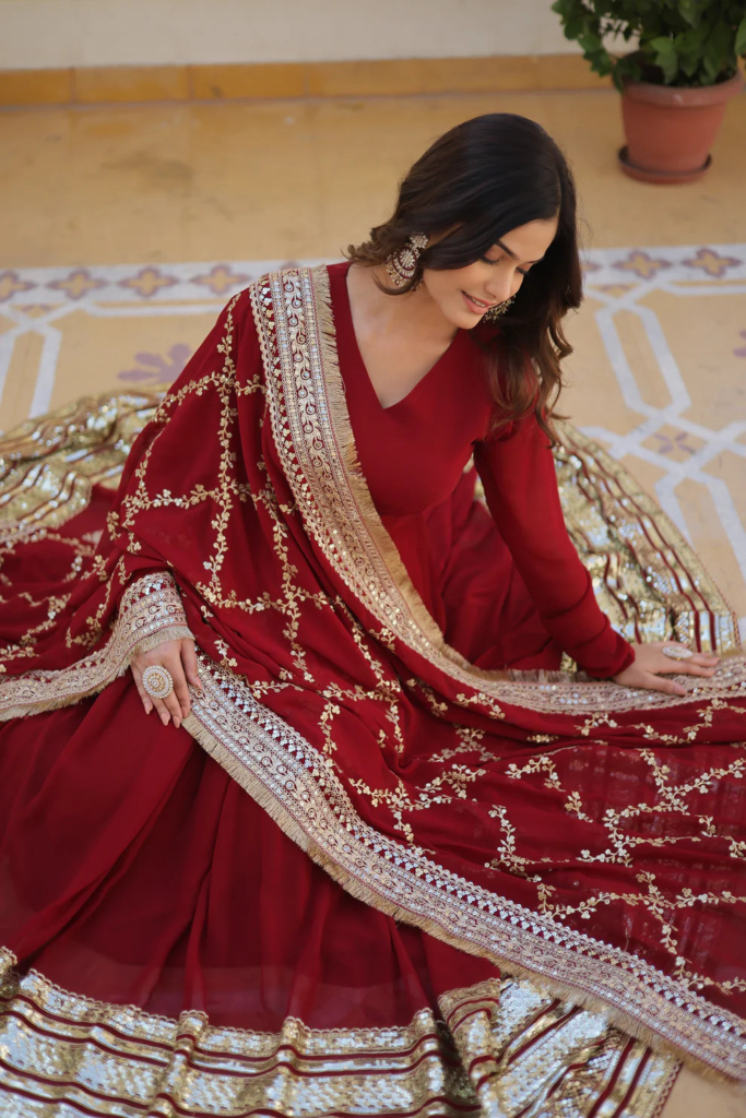 Red Premium Faux Blooming Sequence Embroidered Gown With Dupatta Set