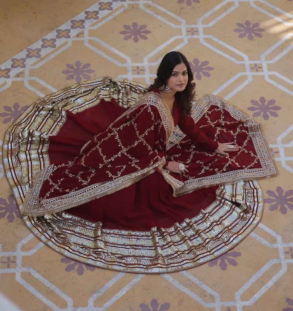 Red Premium Faux Blooming Sequence Embroidered Gown With Dupatta Set