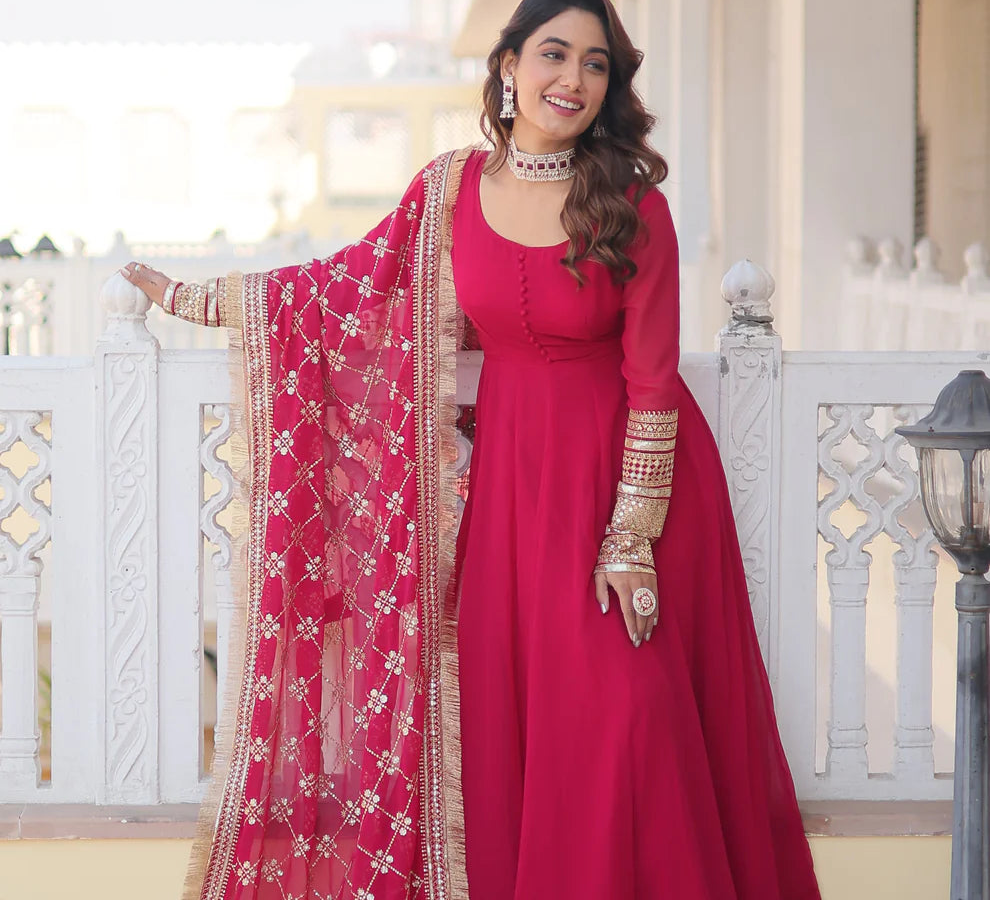 Red Faux Blooming Gown with Dupatta With Attractive Embroidered Sequins work with Lace Border