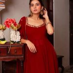 Red Hand Mirror Work Anarkali Set