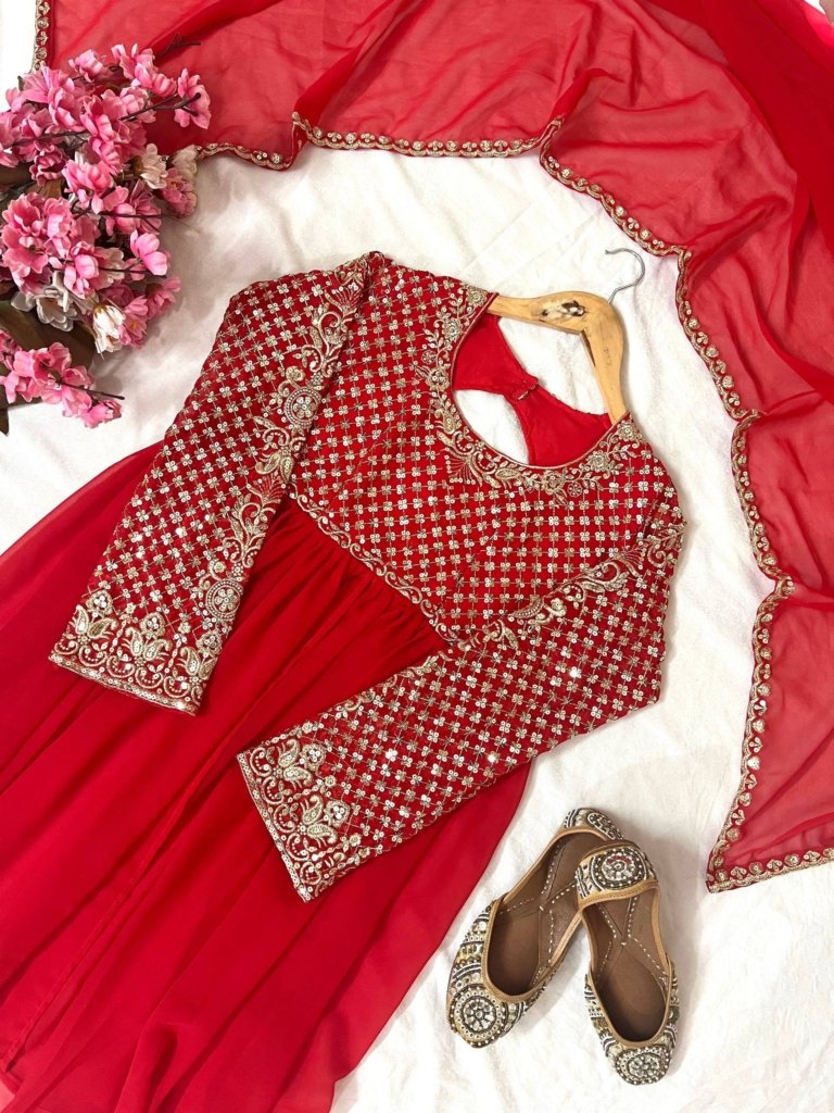 Royal Red color Kediya Style Georgette Sharara set paired with a dreamy Georgette dupatta