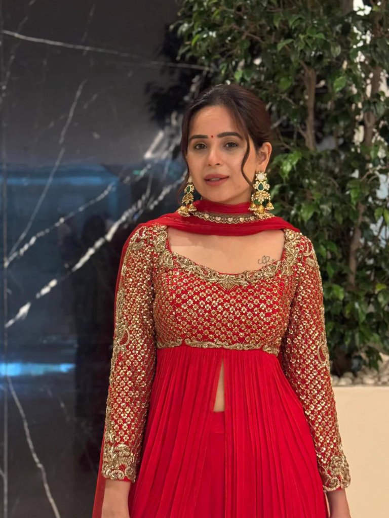 Royal Red color Kediya Style Georgette Sharara set paired with a dreamy Georgette dupatta