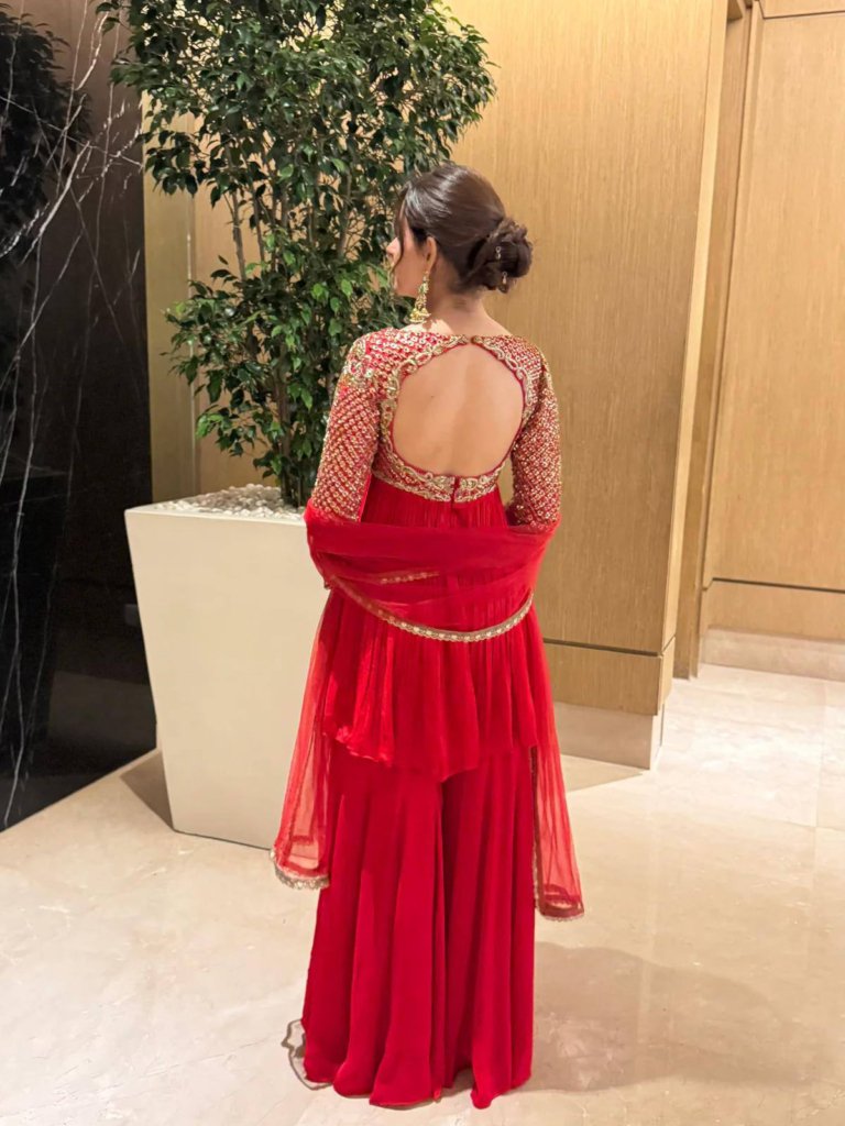 Royal Red color Kediya Style Georgette Sharara set paired with a dreamy Georgette dupatta