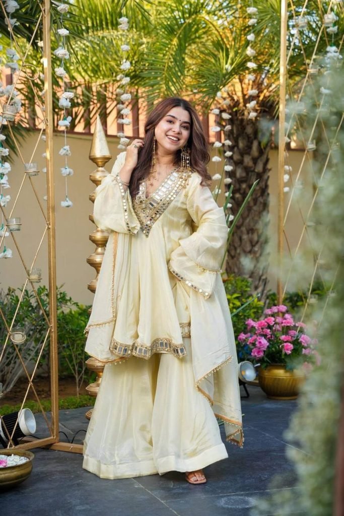 Exclusive Three Piece Palazzo Set Real Mirror Embroidery Work Ethnic Wear