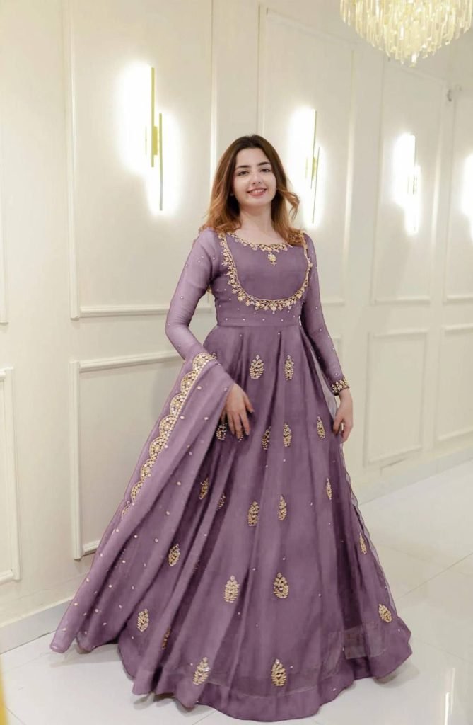 Elegant Two Piece Gown Dupatta Set with Exclusive Sequence Embroidery Design