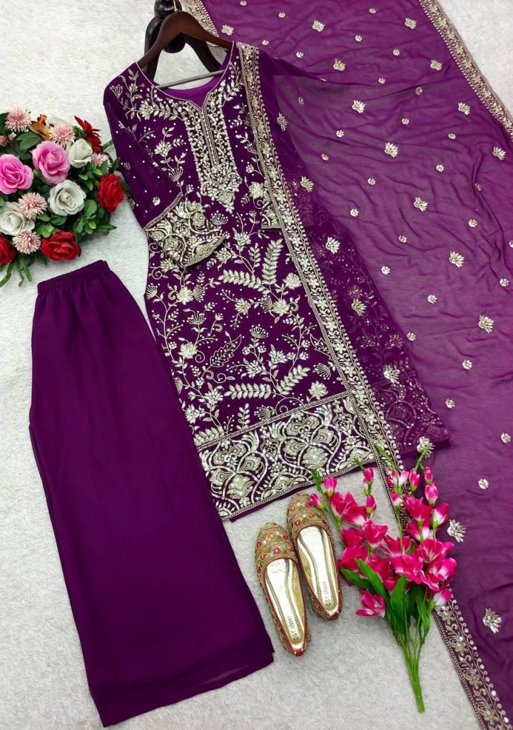 Purple Launching New Đěsigner Party Wear Look Heavy Fox Georgette Top Plazzo & Dupatta Set