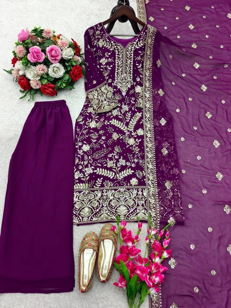 Purple Launching New Đěsigner Party Wear Look Heavy Fox Georgette Top Plazzo & Dupatta Set
