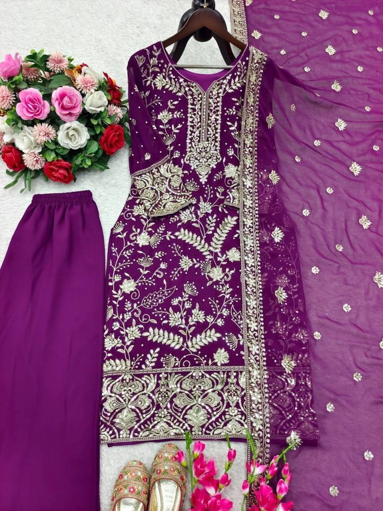 Purple Launching New Đěsigner Party Wear Look Heavy Fox Georgette Top Plazzo & Dupatta Set