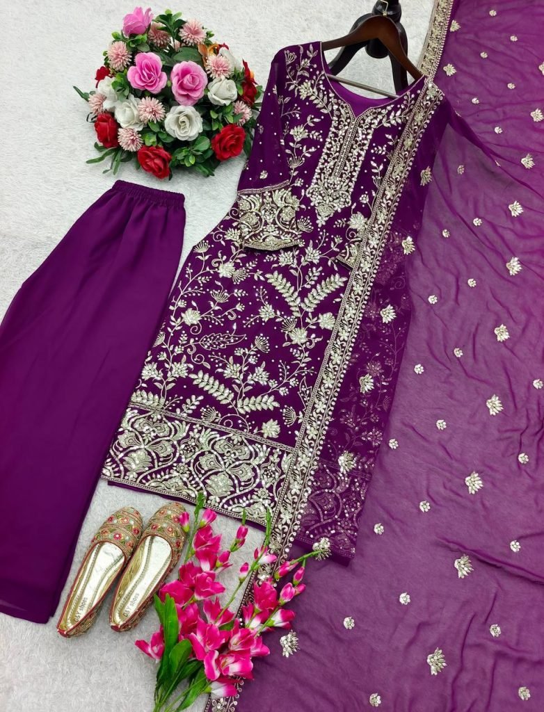 Purple Launching New Đěsigner Party Wear Look Heavy Fox Georgette Top Plazzo & Dupatta Set