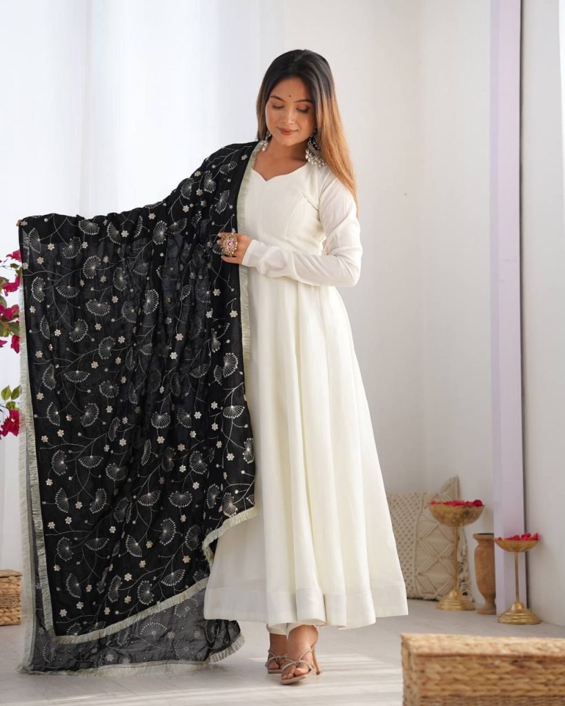 LUXE CHANDERI SILK FULL FLAIR ANARKALI WITH STYLISH PANT & DUPATTA – PREMIUM EDITION