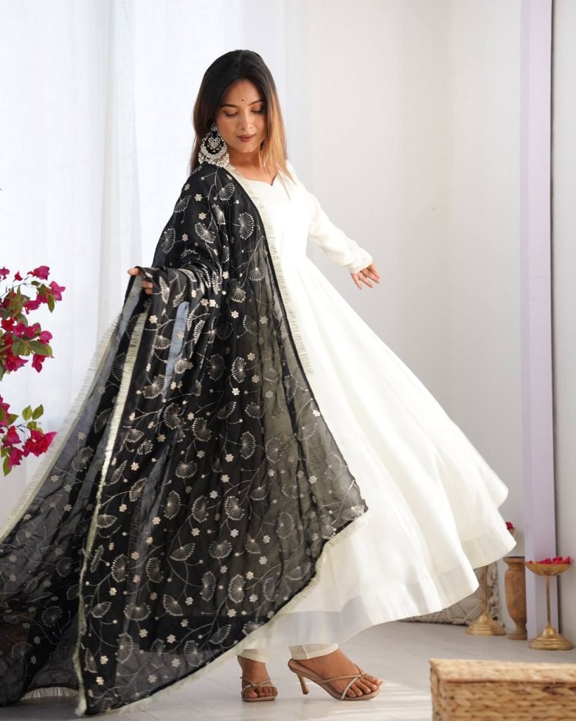 LUXE CHANDERI SILK FULL FLAIR ANARKALI WITH STYLISH PANT & DUPATTA – PREMIUM EDITION