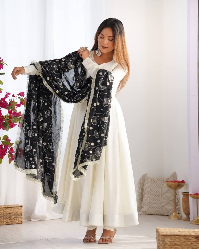 LUXE CHANDERI SILK FULL FLAIR ANARKALI WITH STYLISH PANT & DUPATTA – PREMIUM EDITION