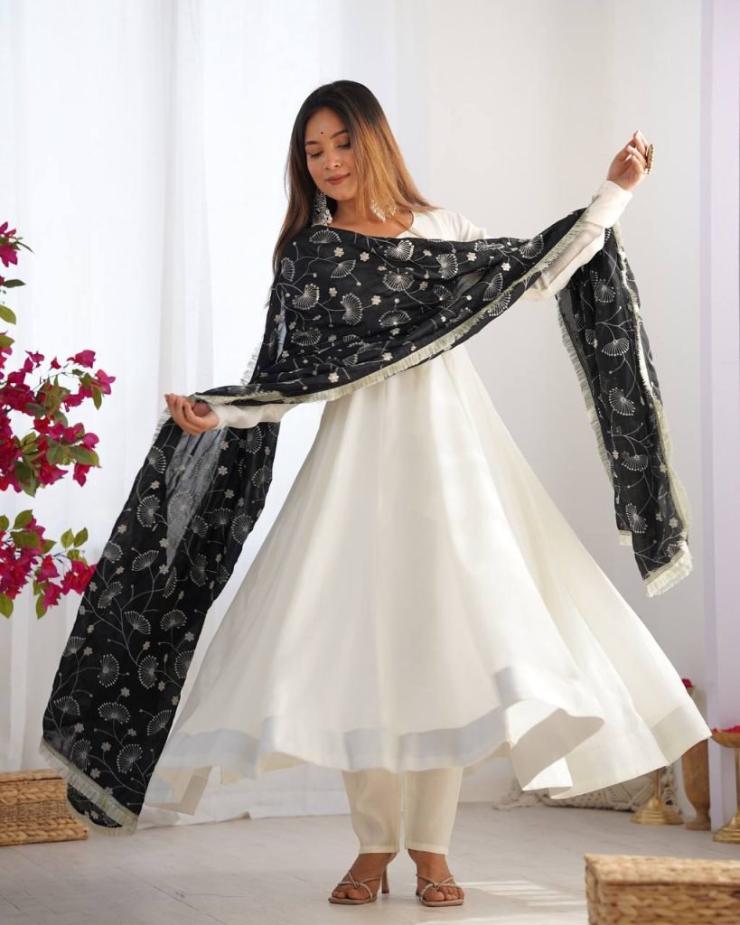 LUXE CHANDERI SILK FULL FLAIR ANARKALI WITH STYLISH PANT & DUPATTA – PREMIUM EDITION