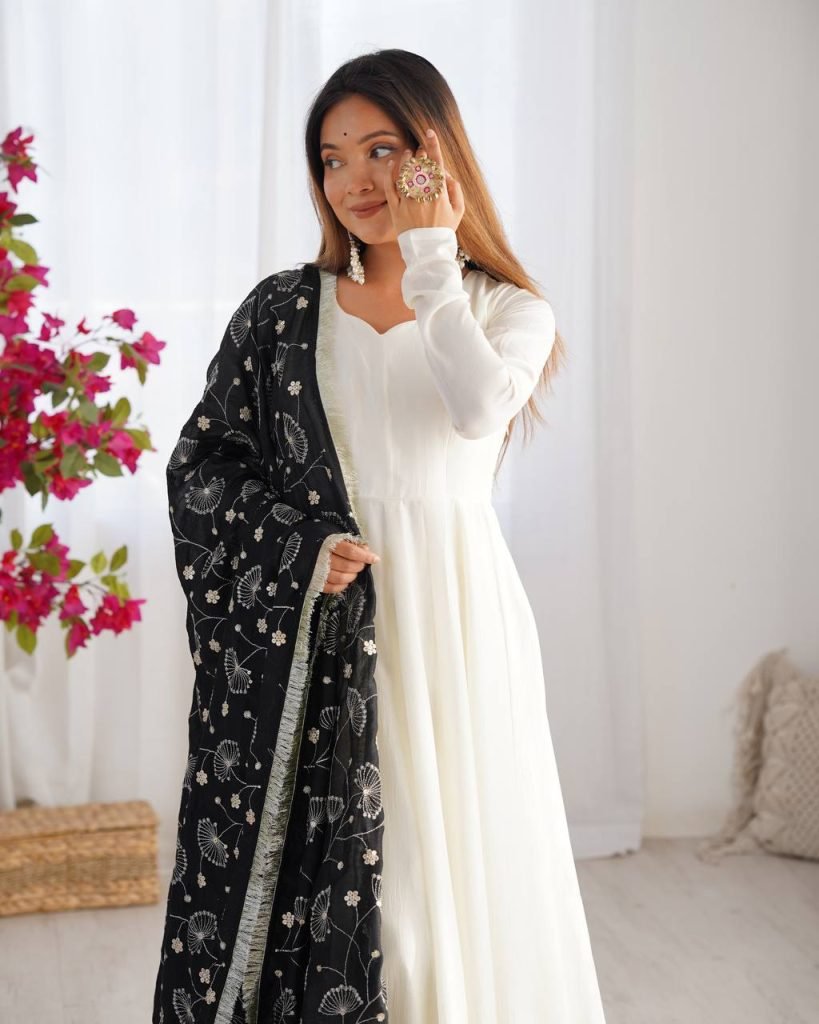 LUXE CHANDERI SILK FULL FLAIR ANARKALI WITH STYLISH PANT & DUPATTA – PREMIUM EDITION