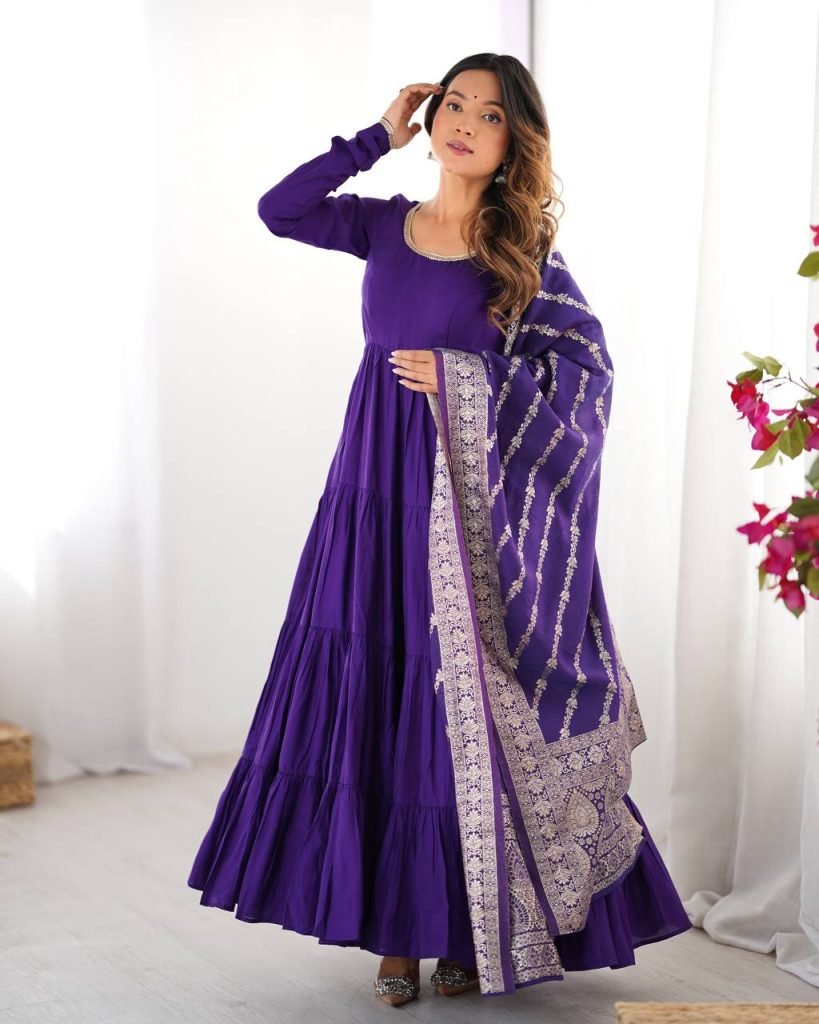 PURE ROMANSILK CHANDERI FABRIC FULLY FLAIR ANARKALI,WITH DUPPTA SET,PENT READY TO WEAR