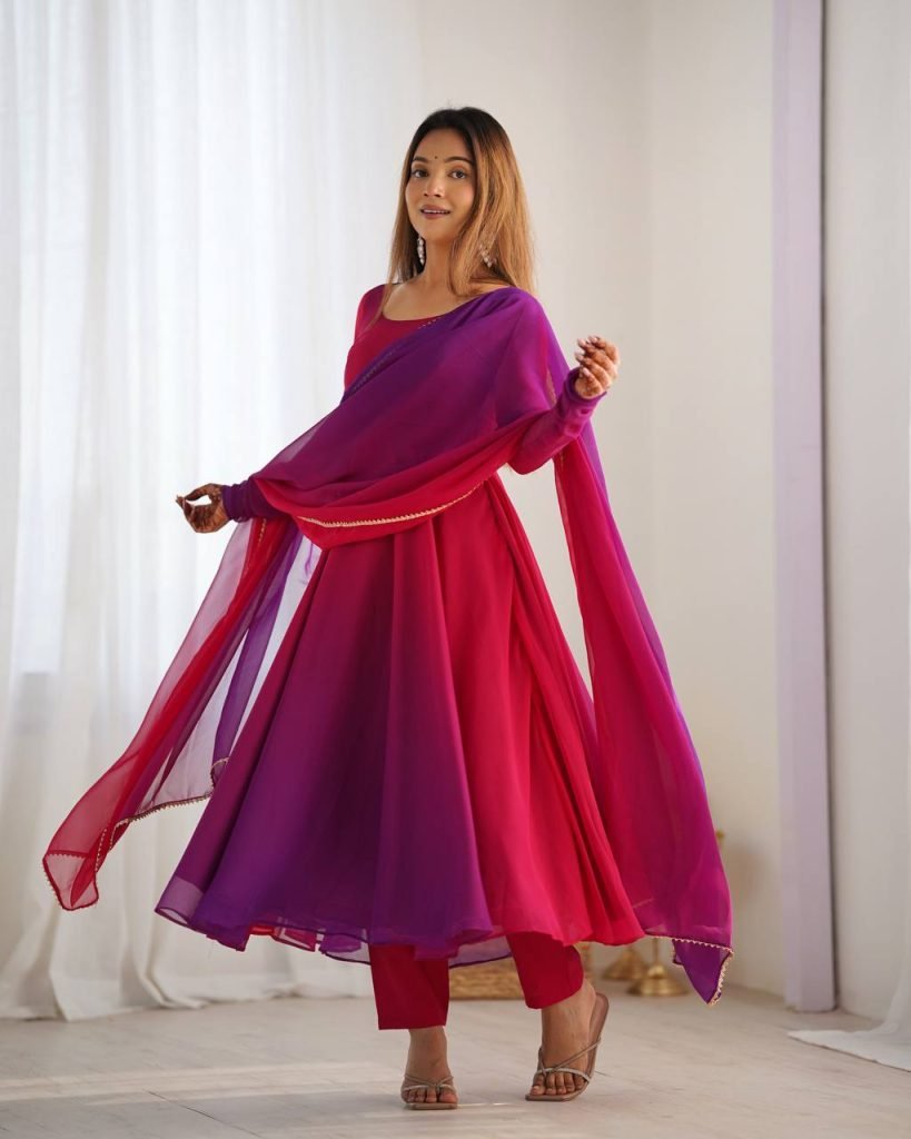 Multicolour pure roman silk chanderi anarkali, pent and dupatta set