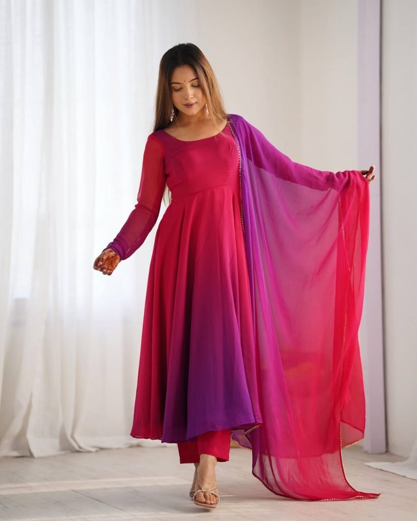 Multicolour pure roman silk chanderi anarkali, pent and dupatta set