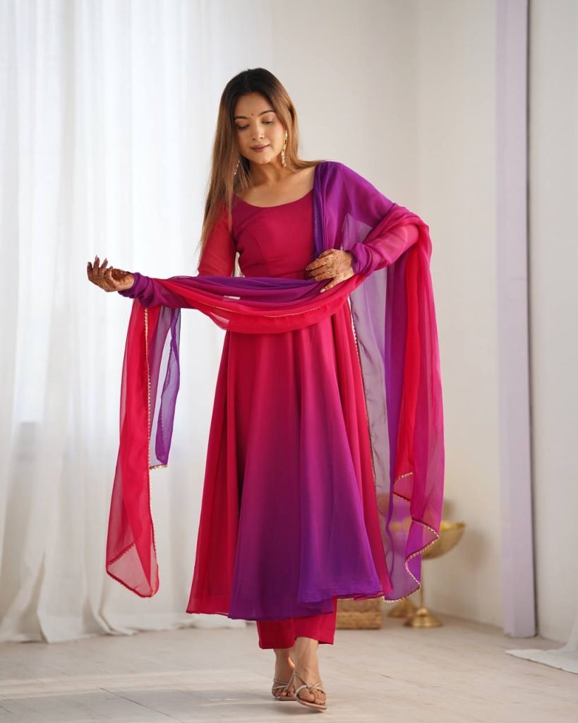 Multicolour pure roman silk chanderi anarkali, pent and dupatta set