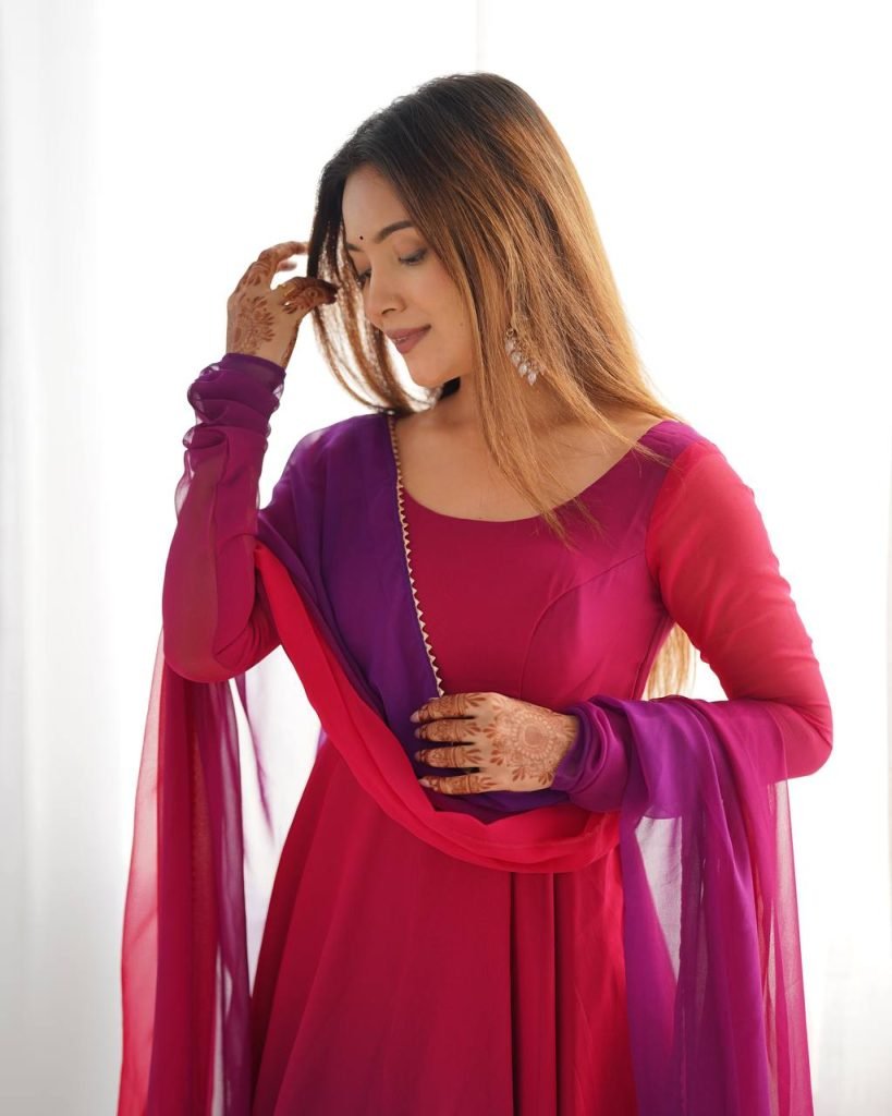 Multicolour pure roman silk chanderi anarkali, pent and dupatta set