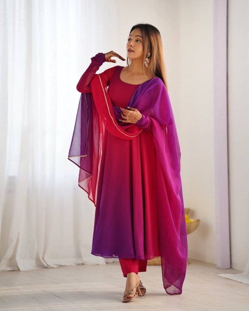 Multicolour pure roman silk chanderi anarkali, pent and dupatta set
