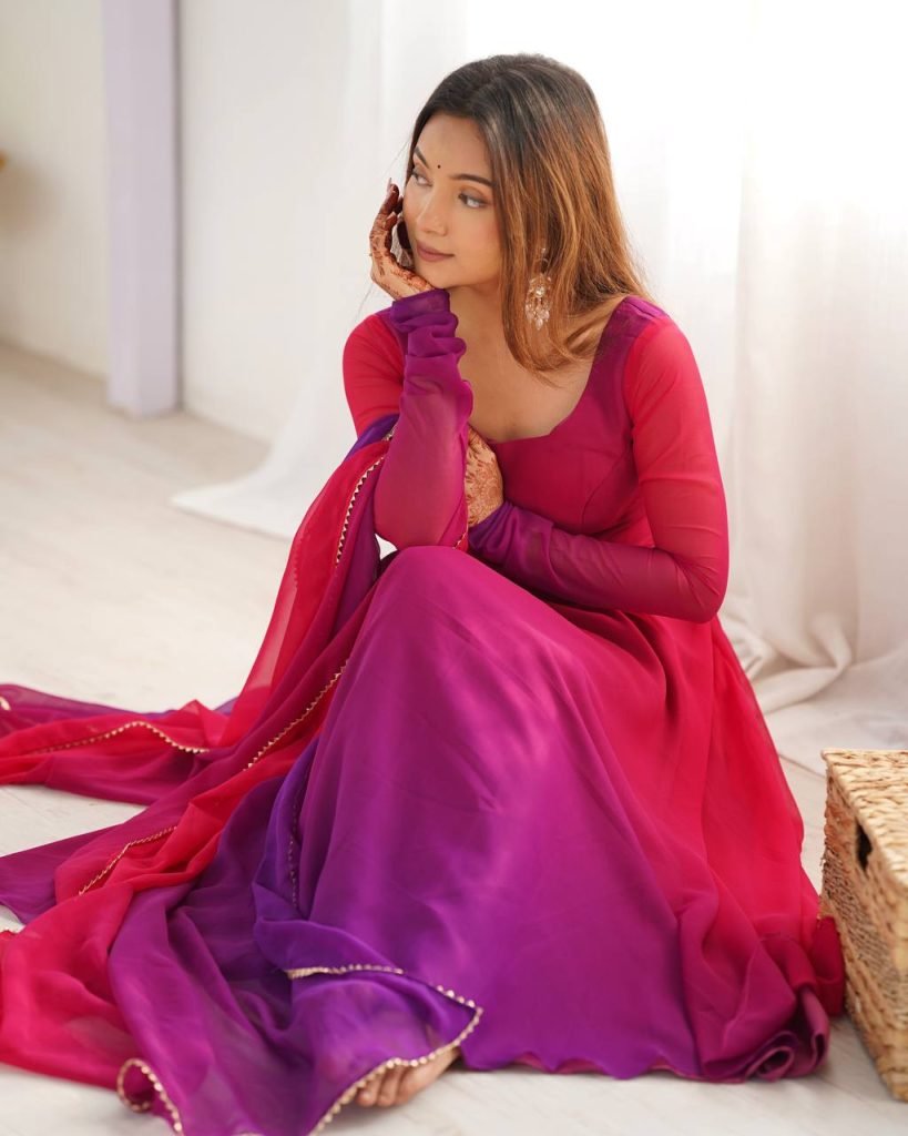 Multicolour pure roman silk chanderi anarkali, pent and dupatta set