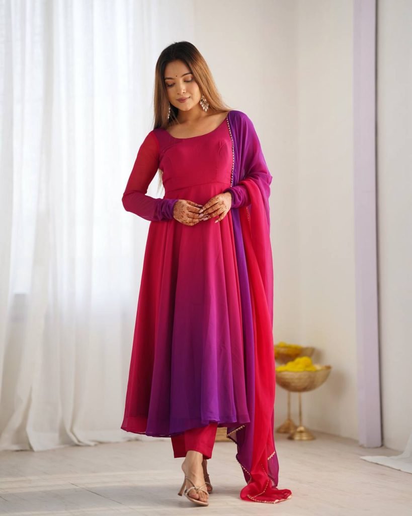 Multicolour pure roman silk chanderi anarkali, pent and dupatta set
