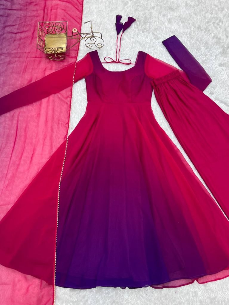 Multicolour pure roman silk chanderi anarkali, pent and dupatta set