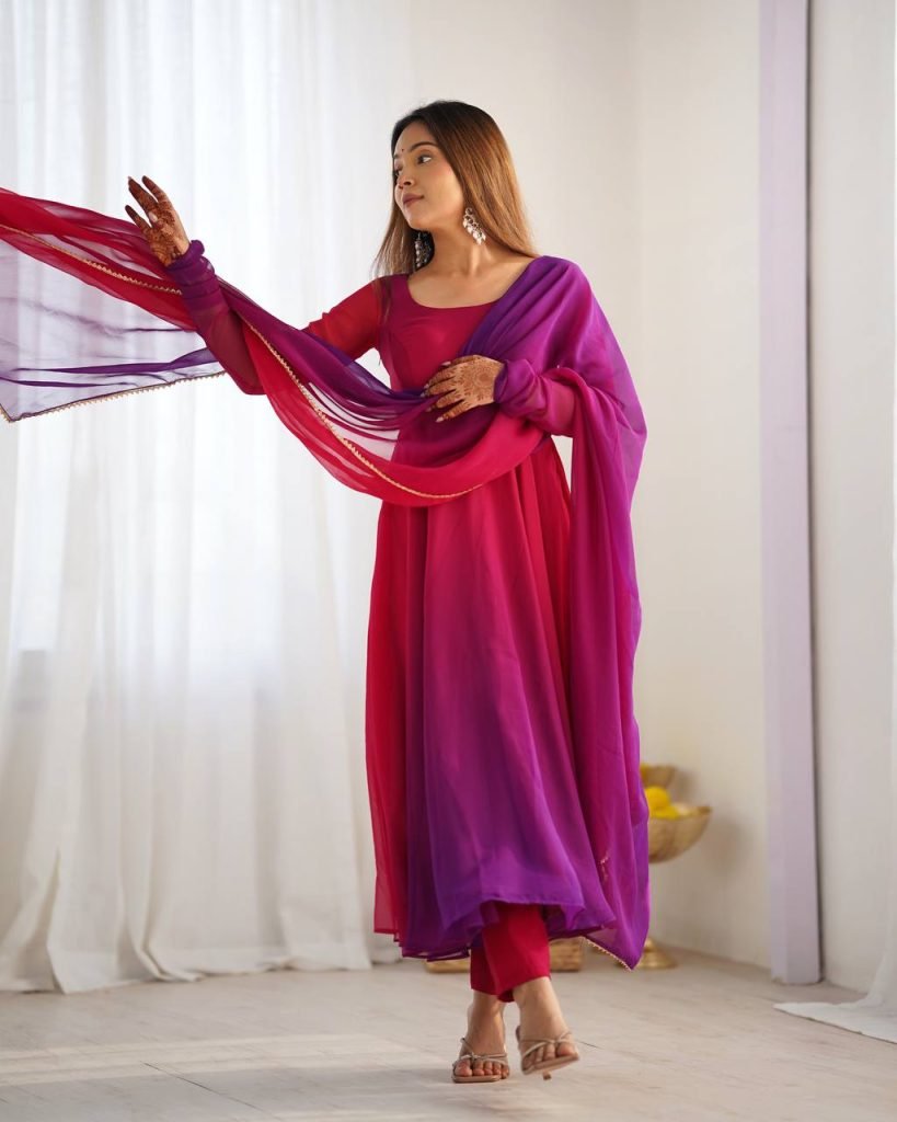 Multicolour pure roman silk chanderi anarkali, pent and dupatta set