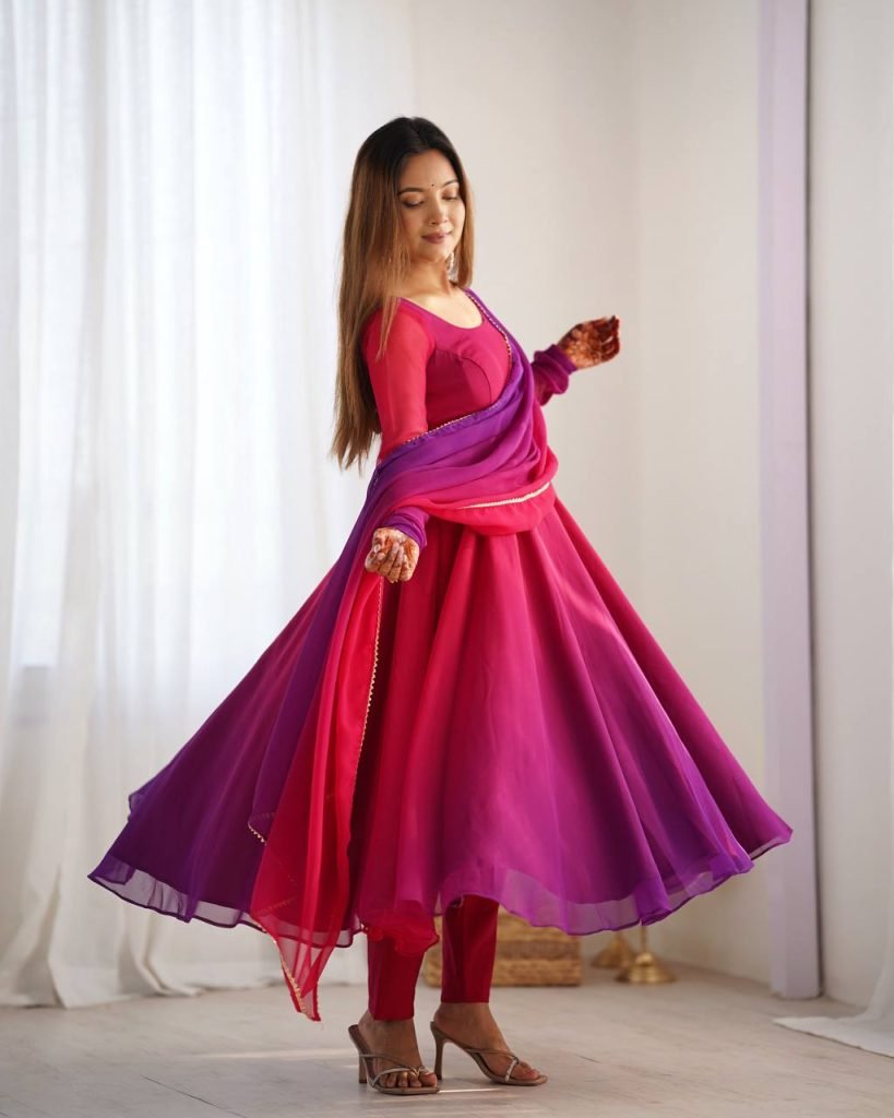Multicolour pure roman silk chanderi anarkali, pent and dupatta set