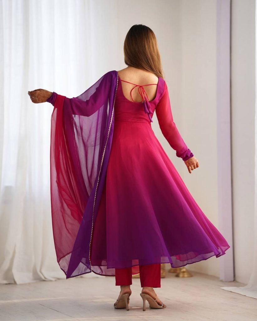 Multicolour pure roman silk chanderi anarkali, pent and dupatta set